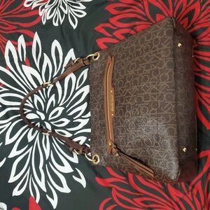 Calvin Klein Dark Brown Signature Shoulder Bag with Gold Accents